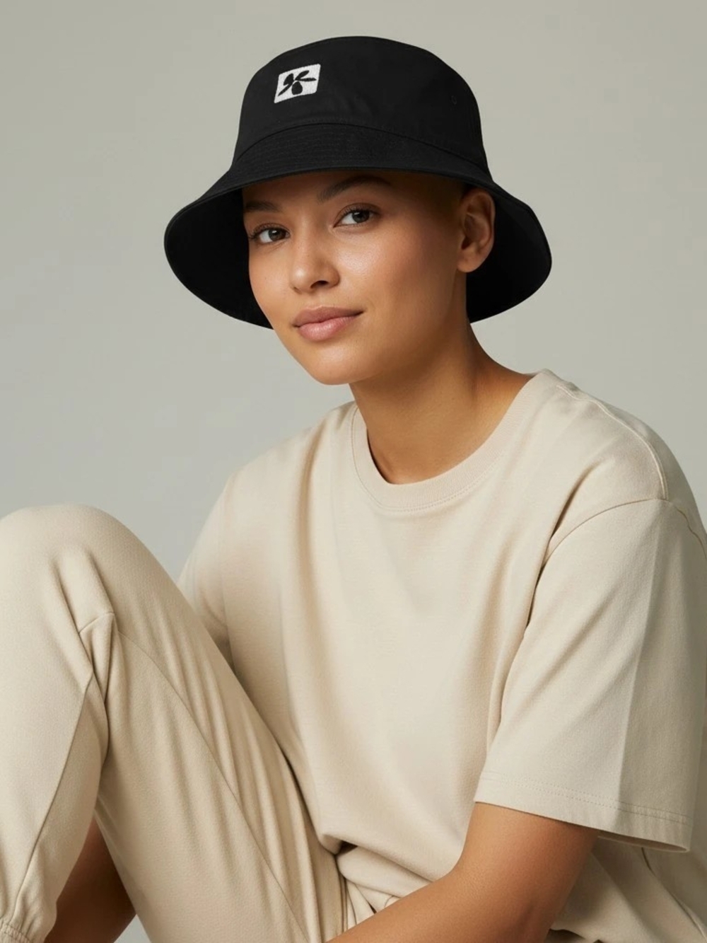 Black Bucket Hat with White Flower Patch Unisex